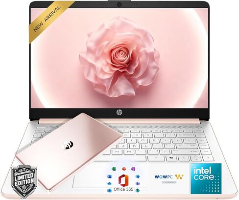 كمبيوتر محمول HP خفيف الوزن مقاس 14 بوصة باللون الذهبي الوردي | مايكروسوفت 365 ومساعد الطيار AI | معالج إنتل | ذاكرة الوصول العشوائي 8 جيجابايت | 192 جيجابايت SSD + 1 تيرابايت تخزين سحابي | ويندوز 11 | كمبيوتر محمول للطلاب in Kuwait