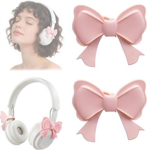 Dexspoeny 2 Pcs Pink Bow Decor Headphone Accessories, 3D Cute Bows Decor for Headphones, Adjustable Silicone Earphone Decorations, Coquettish Earphone Attachment Accessories for Gamers Women Girls in Kuwait