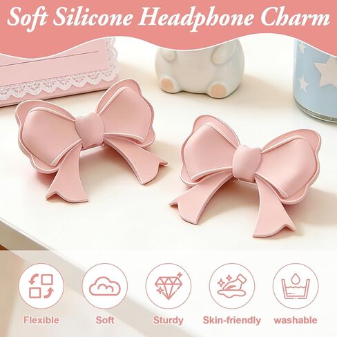 Dexspoeny 2 Pcs Pink Bow Decor Headphone Accessories, 3D Cute Bows Decor for Headphones, Adjustable Silicone Earphone Decorations, Coquettish Earphone Attachment Accessories for Gamers Women Girls in Kuwait