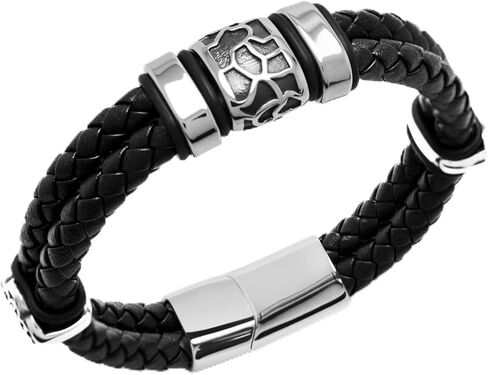 AIZU Braided Leather Wrap Bracelet - Black Brown Genuine Woven Leather Bracelet with Stainless Steel Magnetic Clasp for Men's Wristband Cuff - Mens Cross Christian Bracelet Leather in Saudi Arabia