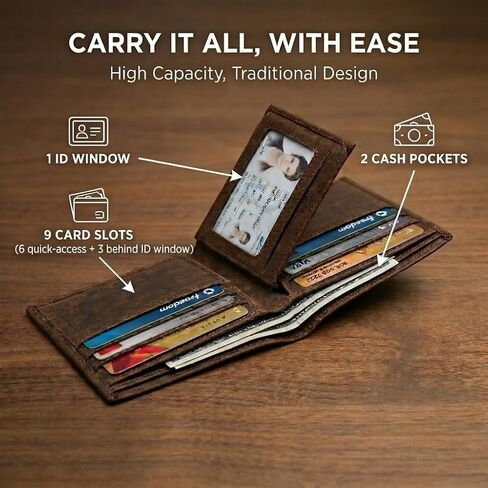 محفظة جلدية ثنائية الطي للرجال من NKPT Premium RFID | جلد عالي السعة، محبب بالكامل، حماية RFID، بني كلاسيكي in Saudi Arabia