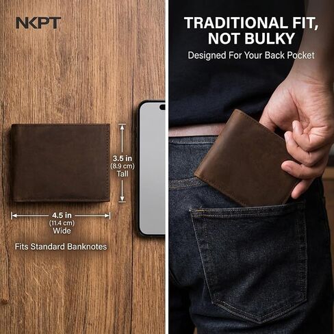 محفظة جلدية ثنائية الطي للرجال من NKPT Premium RFID | جلد عالي السعة، محبب بالكامل، حماية RFID، بني كلاسيكي in Saudi Arabia