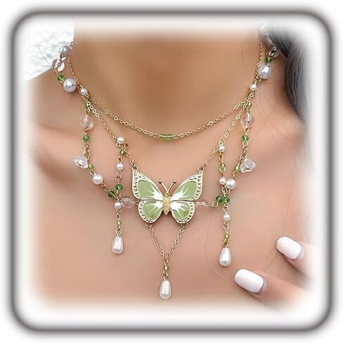 Multiple Layering Butterfly Y2k Necklace for Women,Vintage Pearl Link Chain Choker Necklace Chunky Insect Pendant Necklace Jewelry Accessories in Saudi Arabia