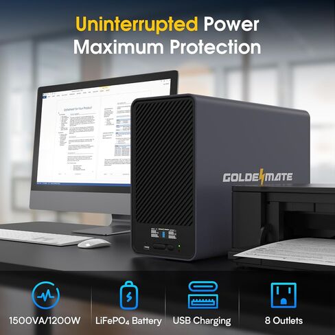 GOLDENMATE 1500VA/1200W بطارية ليثيوم UPS احتياطية وواقية من التيار الزائد، بطارية احتياطية مزود طاقة مع بطاريات LiFePO4 (296Wh)، AVR، نظام UPS Sinewave التفاعلي، 8 منافذ، شاشة LCD، رمادي in Kuwait