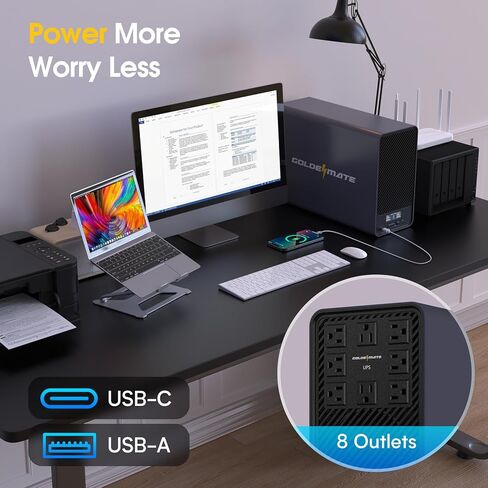 GOLDENMATE 1500VA/1200W بطارية ليثيوم UPS احتياطية وواقية من التيار الزائد، بطارية احتياطية مزود طاقة مع بطاريات LiFePO4 (296Wh)، AVR، نظام UPS Sinewave التفاعلي، 8 منافذ، شاشة LCD، رمادي in Kuwait