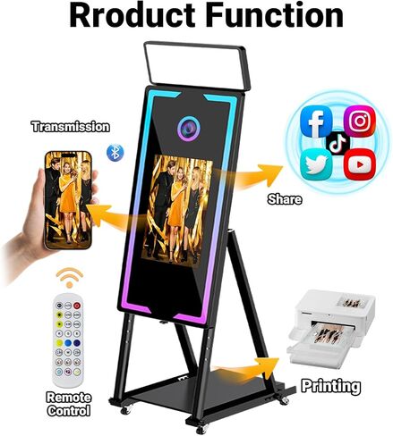 Magic Mirror Photo Booth with Printer, 40-22" Touch Screen DSLR Photo Booth with RGB Light Instant Printing and Sharing Professional PhotoBooth for Party (Black, Printer+Flight Case) in Kuwait