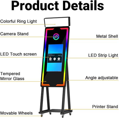Magic Mirror Photo Booth with Printer, 40-22" Touch Screen DSLR Photo Booth with RGB Light Instant Printing and Sharing Professional PhotoBooth for Party (Black, Printer+Flight Case) in Kuwait