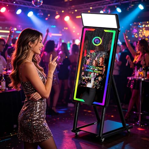 Magic Mirror Photo Booth with Printer, 40-22" Touch Screen DSLR Photo Booth with RGB Light Instant Printing and Sharing Professional PhotoBooth for Party (Black, Printer+Flight Case) in Kuwait