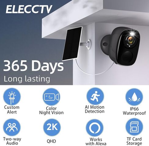 ELECCTV Solar Security Cameras Wireless Outdoor 2K QHD Flood Light Cameras for 3MP Home Security with Color Night Vision/Spotlight/IP66 Waterproof/PIR Human Detection/2-Way Talk/Cloud/SD up to 256G in Kuwait