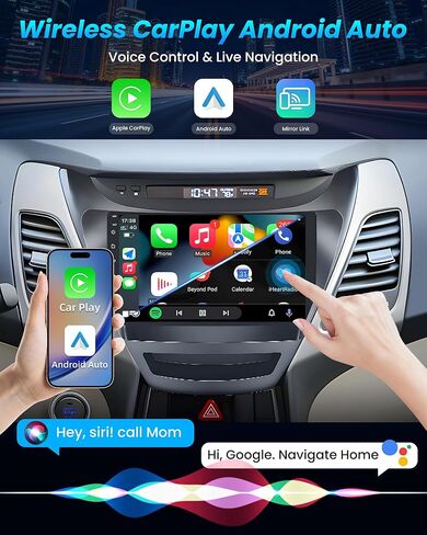 8Core+32G Car Radio for Hyundai Elantra 2014-2016: 9" 1280 * 800 IPS Touchscreen Stereo with Wireless CarPlay Android Auto Bluetooth GPS 1080P Backup Camera FM RDS SWC in Kuwait