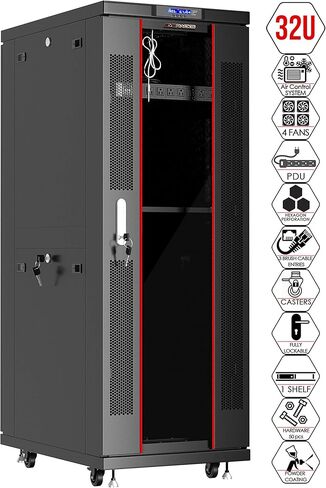 Sysracks 32U رف الخادم قفل خزانة الخادم رف الشبكة Av مجلس الوزراء الصوت رف الأمن مجلس الوزراء شاشة LCD ترموستات عجلات الرف 4 مراوح Powerbar 39 بوصة عميق in Kuwait