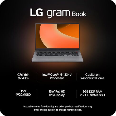 LG gram Book 15-inch Lightweight Laptop Computer, Intel Core i5-1334U Processor, Windows 11 Home, 8GB RAM, 256GB SSD - Titan Silver in Kuwait
