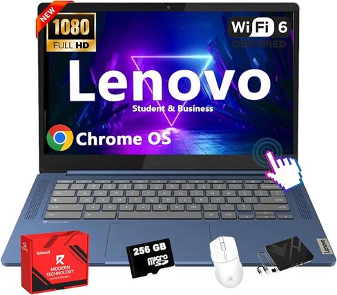 Lenovo IdeaPad Slim 3 Touchscreen Chromebook - 14″ FHD IPS Anti-Glare Screen, MediaTek Kompanio 520, 4GB RAM, 64GB eMMC, 256GB Micro SD Card, for Business & Student, Webcam, WiFi 6, Chrome OS, Blue in Kuwait