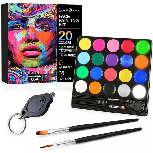 Jim&Gloria 53pcs DAY AND NIGHT Face Painting Kit for Kids Safe and Professional Adult Glow in The Dark Body Paint Palette, Metallic Color, Stencils, Brushes - Party Tattoo Skin Makeup Gift Halloween in Saudi Arabia
