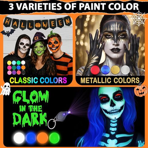 Jim&Gloria 53pcs DAY AND NIGHT Face Painting Kit for Kids Safe and Professional Adult Glow in The Dark Body Paint Palette, Metallic Color, Stencils, Brushes - Party Tattoo Skin Makeup Gift Halloween in Saudi Arabia