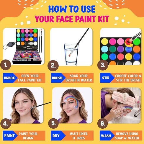 Jim&Gloria 53pcs DAY AND NIGHT Face Painting Kit for Kids Safe and Professional Adult Glow in The Dark Body Paint Palette, Metallic Color, Stencils, Brushes - Party Tattoo Skin Makeup Gift Halloween in Saudi Arabia