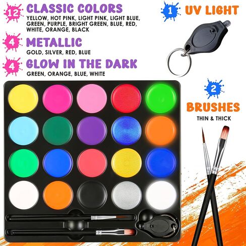 Jim&Gloria 53pcs DAY AND NIGHT Face Painting Kit for Kids Safe and Professional Adult Glow in The Dark Body Paint Palette, Metallic Color, Stencils, Brushes - Party Tattoo Skin Makeup Gift Halloween in Saudi Arabia