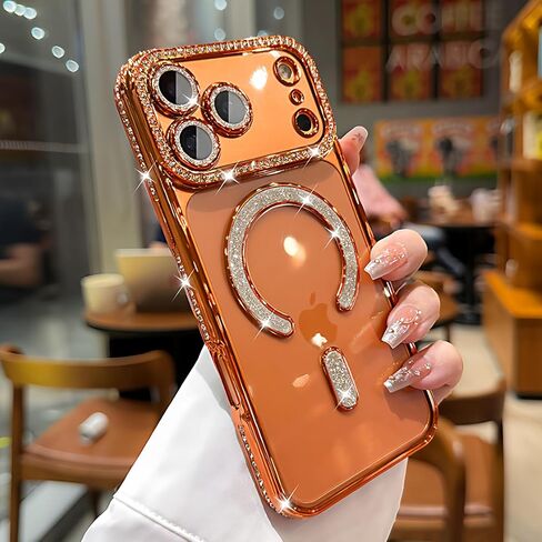 MINFEDUCT Glitter Diamond Magnetic Case for iPhone 17 Pro Max Clear Support Wireless Charging 17 Pro Max Case Women Girls Cute Bling Luxury Shiny Sparkle Shockproof Protective Cover 6.9", Orange in Kuwait