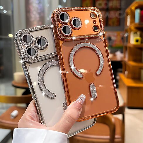 MINFEDUCT Glitter Diamond Magnetic Case for iPhone 17 Pro Max Clear Support Wireless Charging 17 Pro Max Case Women Girls Cute Bling Luxury Shiny Sparkle Shockproof Protective Cover 6.9", Orange in Kuwait