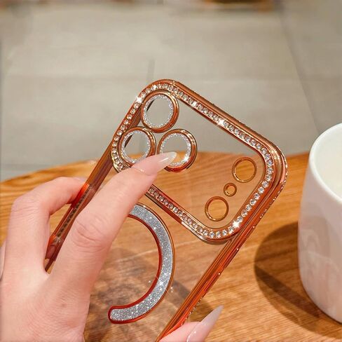 MINFEDUCT Glitter Diamond Magnetic Case for iPhone 17 Pro Max Clear Support Wireless Charging 17 Pro Max Case Women Girls Cute Bling Luxury Shiny Sparkle Shockproof Protective Cover 6.9", Orange in Kuwait