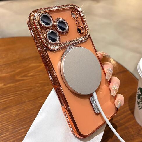 MINFEDUCT Glitter Diamond Magnetic Case for iPhone 17 Pro Max Clear Support Wireless Charging 17 Pro Max Case Women Girls Cute Bling Luxury Shiny Sparkle Shockproof Protective Cover 6.9", Orange in Kuwait
