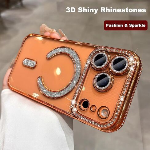 MINFEDUCT Glitter Diamond Magnetic Case for iPhone 17 Pro Max Clear Support Wireless Charging 17 Pro Max Case Women Girls Cute Bling Luxury Shiny Sparkle Shockproof Protective Cover 6.9", Orange in Kuwait