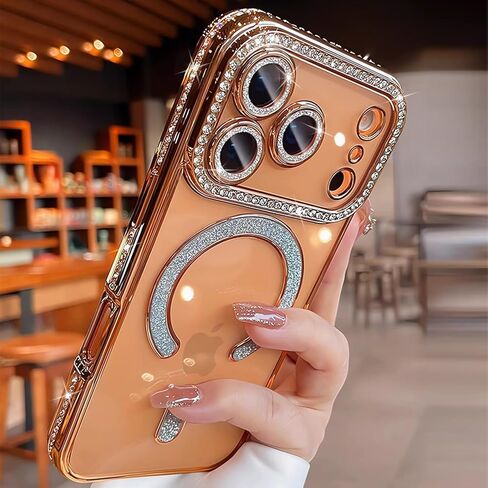 MINFEDUCT Glitter Diamond Magnetic Case for iPhone 17 Pro Max Clear Support Wireless Charging 17 Pro Max Case Women Girls Cute Bling Luxury Shiny Sparkle Shockproof Protective Cover 6.9", Orange in Kuwait