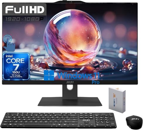 msi Modern 23.8" Touchscreen Business All-in-One AI Desktop, Intel Core 7-150U, 16GB DDR5, 512GB SSD+1TB HDD, FHD Camera, Wi-Fi 6E, HDMI, USB-C, Wireless Keyboard & Mouse, Windows 11 Pro in Kuwait