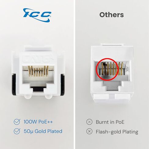 ICC CAT6A Keystone Jack مع IDC مضمن لا يوجد زوج من الأسلاك المنفصلة (إنهاء أسهل) UL مدرج PoE++ TAA متوافق مع لوحة الحائط أو لوحة التصحيح، يعمل مع أداة إنهاء JackEasy، أبيض in Kuwait
