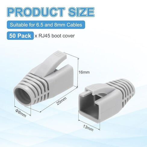 MECCANIXITY 50 Pack RJ45 Boot Cover، Cat6A Cat7 Ethernet Cable Strain Boot، قطر الفتحة 8 مم (رمادي) in Kuwait