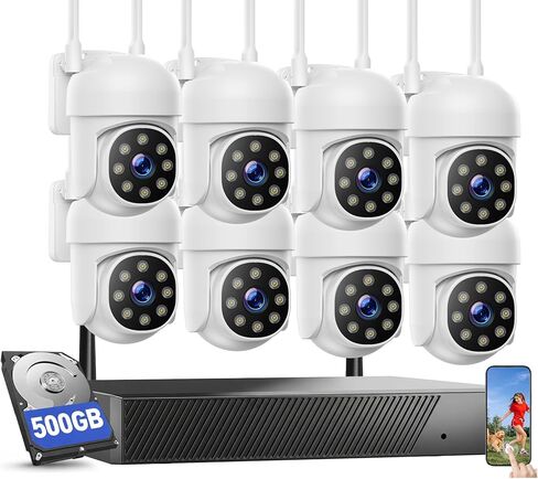 CAMCAMP Home Security Camera System Wireless Cameras for Home Security, 8x 2MP Corded Powered Camara Auto Tracking 355° View, 2.4&5Ghz WiFi Connect to 16CH 4K NVR 500GB, Light&Siren Alert IP66 Outdoor in Kuwait