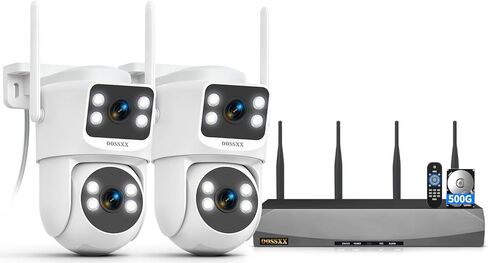 OOSSXX (جديد 2026) نظام كاميرا أمان لاسلكية بعدسة مزدوجة 4 ميجابكسل، 16 قناة WiFi NVR مع 4 كاميرات، 4 هوائيات، نطاق أطول بنسبة 55%، ثابت + PTZ، محرك أقراص ثابتة سعة 500 جيجابايت، بدون رسوم شهرية in Kuwait