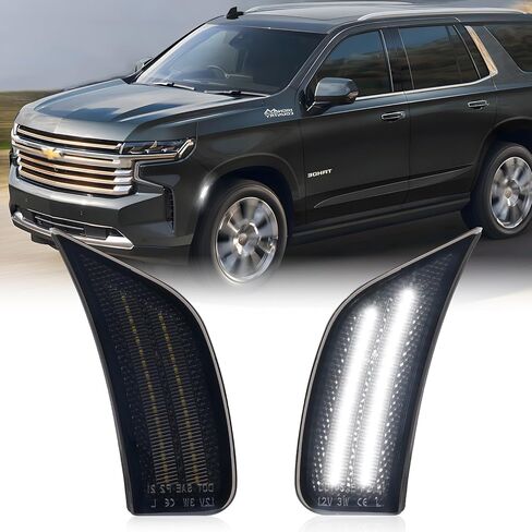 مصابيح علامة جانبية LED الأمامية Popmotorz متوافقة مع 2021-2024 Chevy Tahoe/Yukon/Suburban/Escalade Fender Fender Marker Lamps Lights Lights Smoked Lens Ice Blue LED 2 Pack in Saudi Arabia