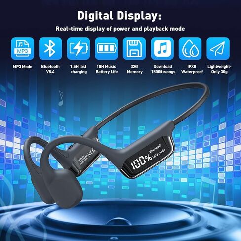سماعات رأس للسباحة تحت الماء، سماعة رأس مقاومة للماء IPX8 مع شاشة LED، سماعة رأس بلوتوث 5.4 للتوصيل العظمي للسباحة، ذاكرة مدمجة 32 جيجا، سماعات أذن رياضية مفتوحة للجري وركوب الدراجات in Kuwait