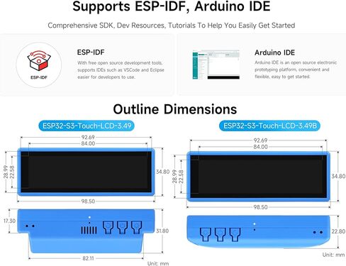 لوحة تطوير ESP32-S3 مع شاشة لمس IPS مقاس 3.49 بوصة، 172 × 640، معالج ESP32-S3R8 ثنائي النواة، يدعم تفاعل الذكاء الاصطناعي والصوت دون اتصال بالإنترنت، للأجهزة الذكية واستخدام سطح المكتب (مع بطارية 18650) in Kuwait