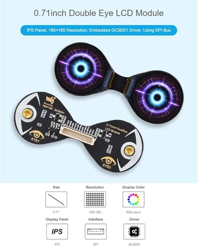 Waveshare 0.71 بوصة وحدة عرض LCD مستديرة مزدوجة العين بدقة 160 × 160 65 ألف لون شاشة IPS تدعم لوحات التحكم مثل ESP32 / Arduino، برنامج تشغيل GC9D01 المضمن in Kuwait