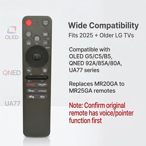 جهاز التحكم عن بعد الصوتي السحري MR25GA AKB76046602، استبدال جهاز التحكم عن بعد الصوتي والمؤشر لتلفزيون LG OLED G5، C5، B5 Series، QNED92A، QNED85A، QNED80A، QNED70A Series، UA77 Series، و2025 QNED AI Smart TV in Kuwait