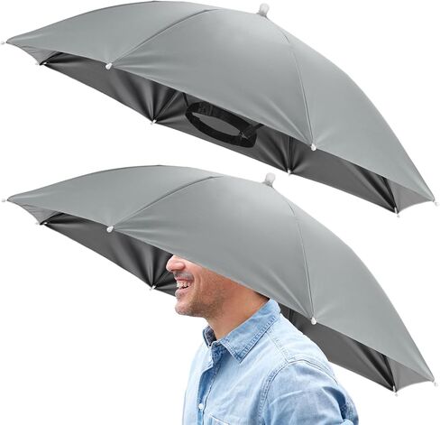 26" Headband Umbrella Hat [2 Pcs] - Hands Free Foldable Umbrella Cap Sun Hat Use for Fishing & Gardening & Golf & Camping & Hiking - [Gray] Black Glue Top Outdoor in Kuwait
