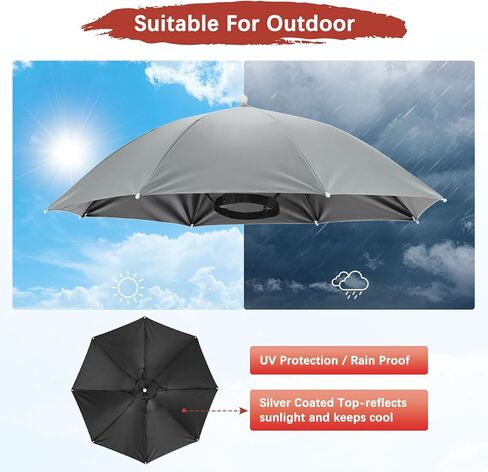 26" Headband Umbrella Hat [2 Pcs] - Hands Free Foldable Umbrella Cap Sun Hat Use for Fishing & Gardening & Golf & Camping & Hiking - [Gray] Black Glue Top Outdoor in Kuwait