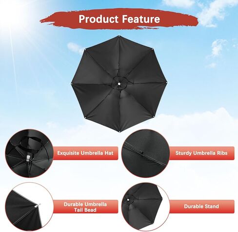 26" Headband Umbrella Hat [2 Pcs] - Hands Free Foldable Umbrella Cap Sun Hat Use for Fishing & Gardening & Golf & Camping & Hiking - [Gray] Black Glue Top Outdoor in Kuwait