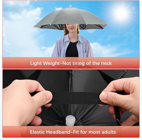 26" Headband Umbrella Hat [2 Pcs] - Hands Free Foldable Umbrella Cap Sun Hat Use for Fishing & Gardening & Golf & Camping & Hiking - [Gray] Black Glue Top Outdoor in Kuwait