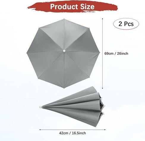 26" Headband Umbrella Hat [2 Pcs] - Hands Free Foldable Umbrella Cap Sun Hat Use for Fishing & Gardening & Golf & Camping & Hiking - [Gray] Black Glue Top Outdoor in Kuwait