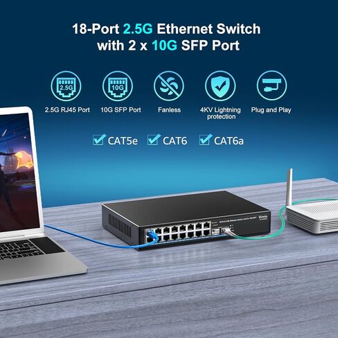 18 Port 2.5G Switch Unmanaged, 16 Ports 2.5Gbase-T Ethernet Switch+2X 10G SFP, 120Gbps Switching Capacity 2.5G Switch 16 Port , Fanless, for 2.5Gbps NAS, Wireless AP & PC, WiFi6 Router, Plug and Play in Kuwait