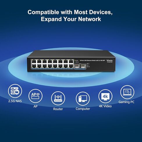 18 Port 2.5G Switch Unmanaged, 16 Ports 2.5Gbase-T Ethernet Switch+2X 10G SFP, 120Gbps Switching Capacity 2.5G Switch 16 Port , Fanless, for 2.5Gbps NAS, Wireless AP & PC, WiFi6 Router, Plug and Play in Kuwait