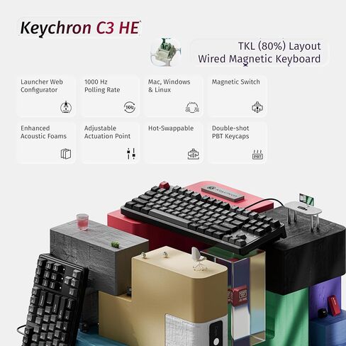 Keychron C3 HE TKL Wired Mechanical Keyboard (80% Layout), Magnetic Switches with Adjustable Actuation, Rapid Trigger, RGB Backlight & Side Lighting, Double-Shot PBT Keycaps – Mac/Windows/Linux in Kuwait
