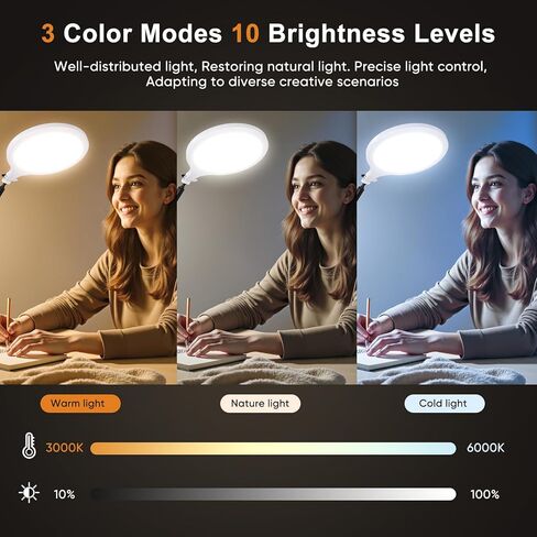 ضوء حلقة مكتب، ضوء حلقة LED مقاس 10 بوصات للمكتب مع مشبك، دوران 360 درجة وارتفاع مرن بملء الشاشة العلوية لتسجيل الفيديو، تيك توك، يوتيوب، بث مباشر، إنشاء المحتوى، أبيض in Kuwait