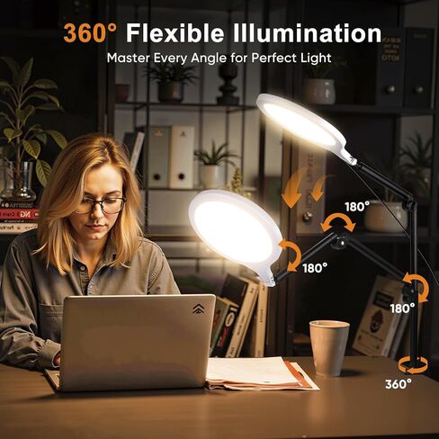ضوء حلقة مكتب، ضوء حلقة LED مقاس 10 بوصات للمكتب مع مشبك، دوران 360 درجة وارتفاع مرن بملء الشاشة العلوية لتسجيل الفيديو، تيك توك، يوتيوب، بث مباشر، إنشاء المحتوى، أبيض in Kuwait