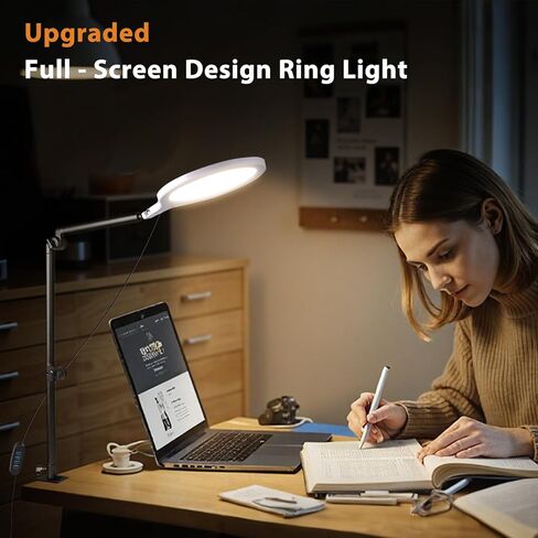 ضوء حلقة مكتب، ضوء حلقة LED مقاس 10 بوصات للمكتب مع مشبك، دوران 360 درجة وارتفاع مرن بملء الشاشة العلوية لتسجيل الفيديو، تيك توك، يوتيوب، بث مباشر، إنشاء المحتوى، أبيض in Kuwait