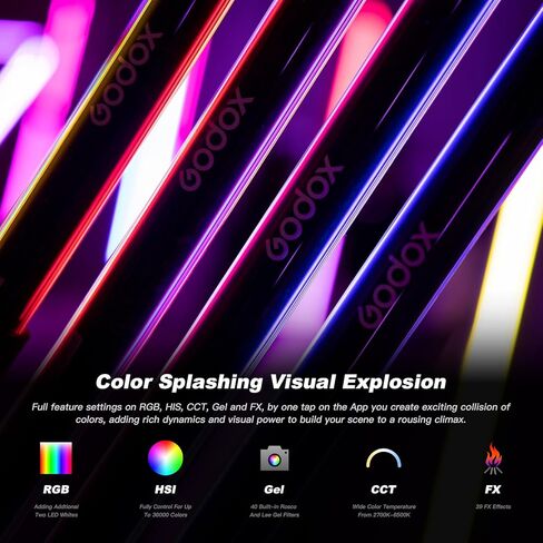 مصباح أنبوبي Godox TL120 RGB، ضوء شريط تصوير ببطارية 30 وات 5200 مللي أمبير في الساعة 2700K-6500K RGB CCT HSI وضع جل 39 تأثيرات FX للتصوير الفوتوغرافي TikTok YouTube in Kuwait