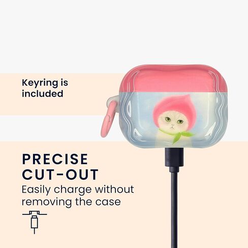kwmobile in-Ear Headphones Case for Apple Airpods Pro 3 - Protective Shockproof Case for Earbuds with Keychain - Soft & Durable Cat and Peach in Kuwait